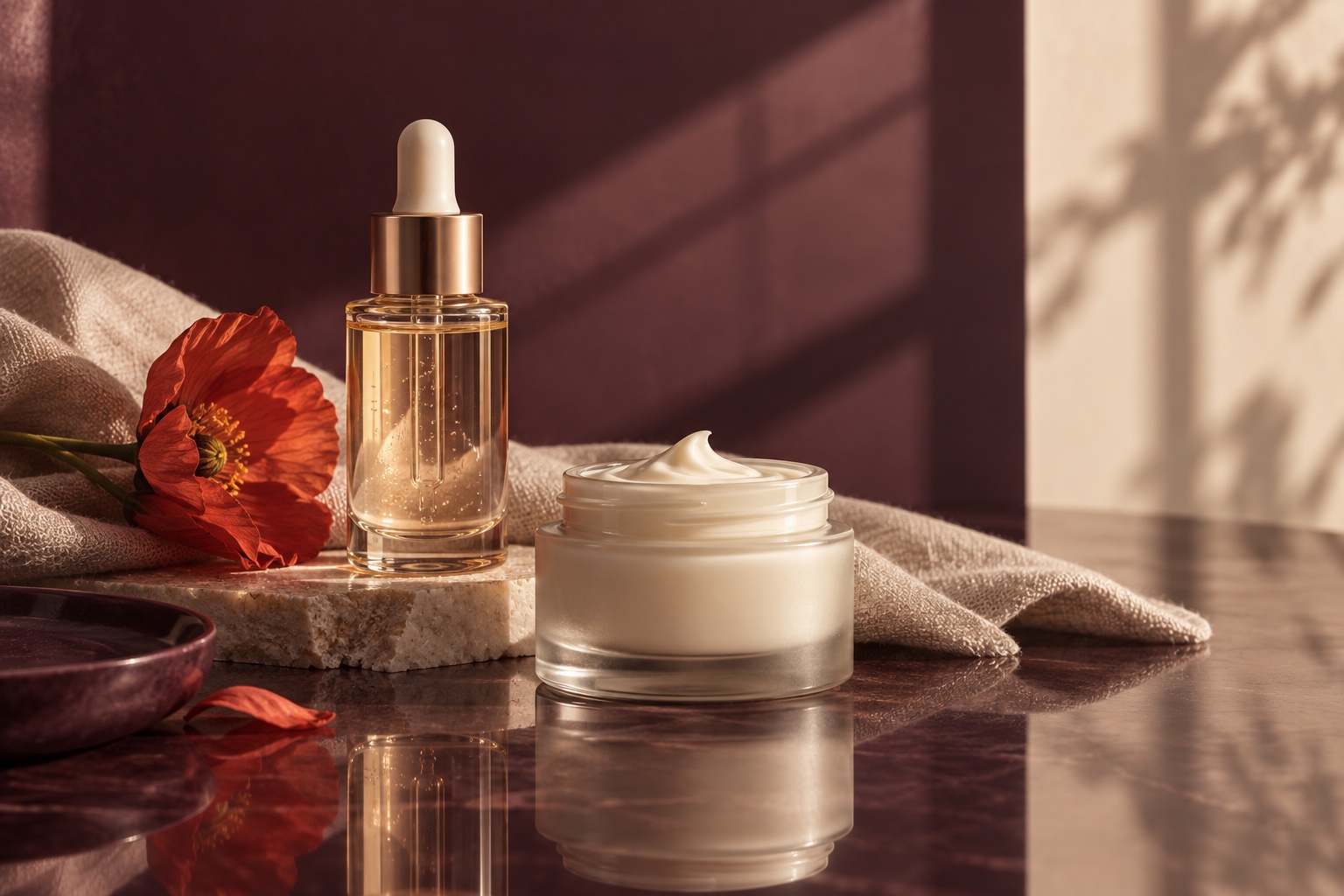 Unbranded serum bottle and cream jar in a reflective plum-and-ivory still life.